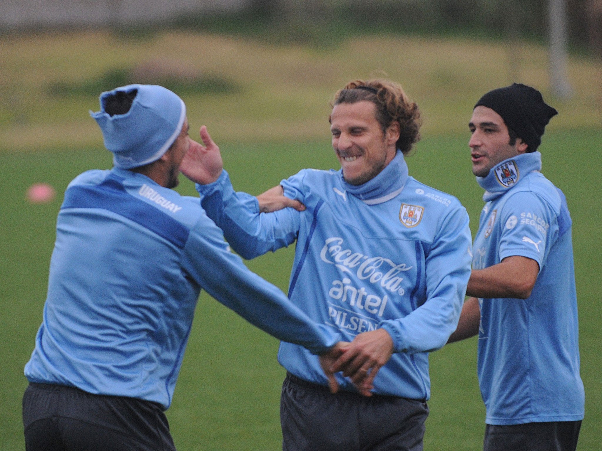 Diego Forlan plays around during Uruguay's preparations for the World Cup