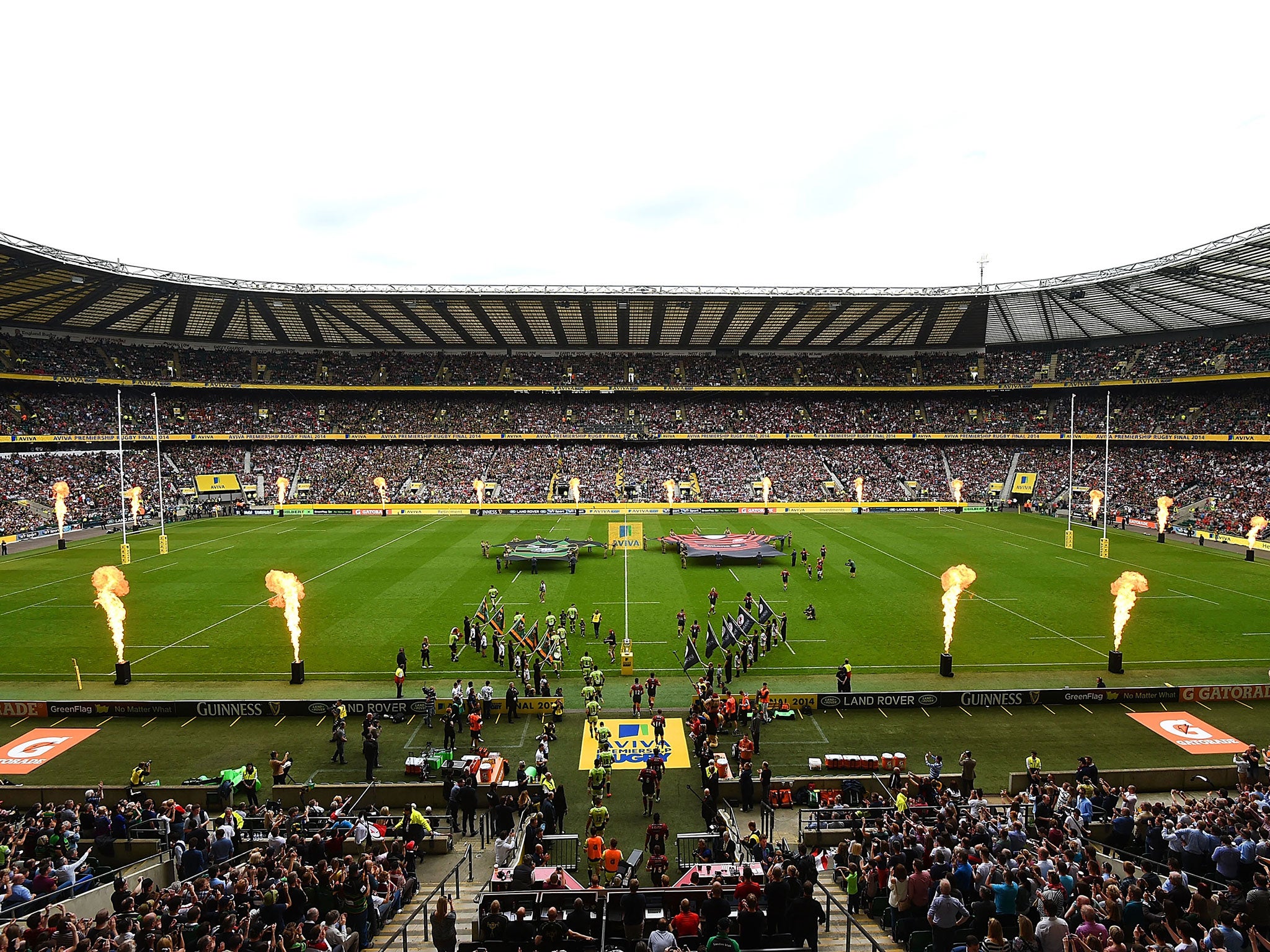 Teams run out the tunnel during the Aviva Premiership Final between Saracens and Northampton Saints at Twickenham