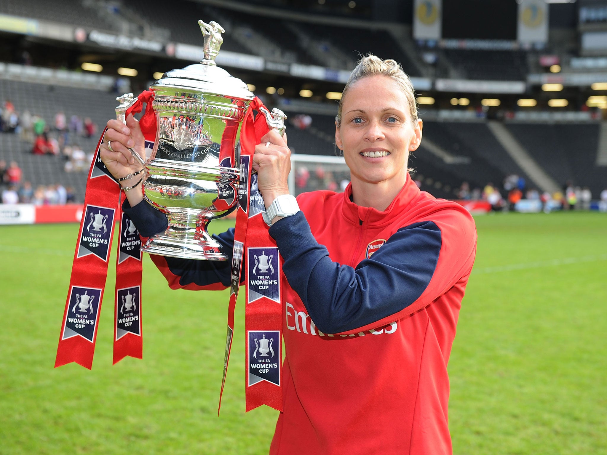 Arsenal Ladies manager Shelly Kerr celebrates after the match at Stadium mk