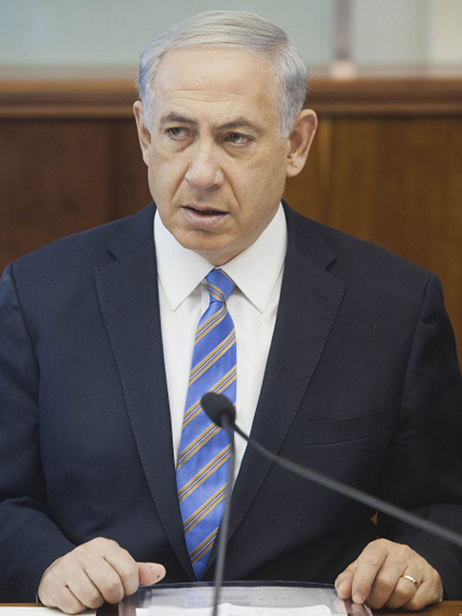Israel's Prime Minister Benjamin Netanyahu chairs the weekly cabinet meeting on June 1, 2014 in Jerusalem. Israel has denied three future Palestinian ministers from the Gaza Strip entry to the West Bank