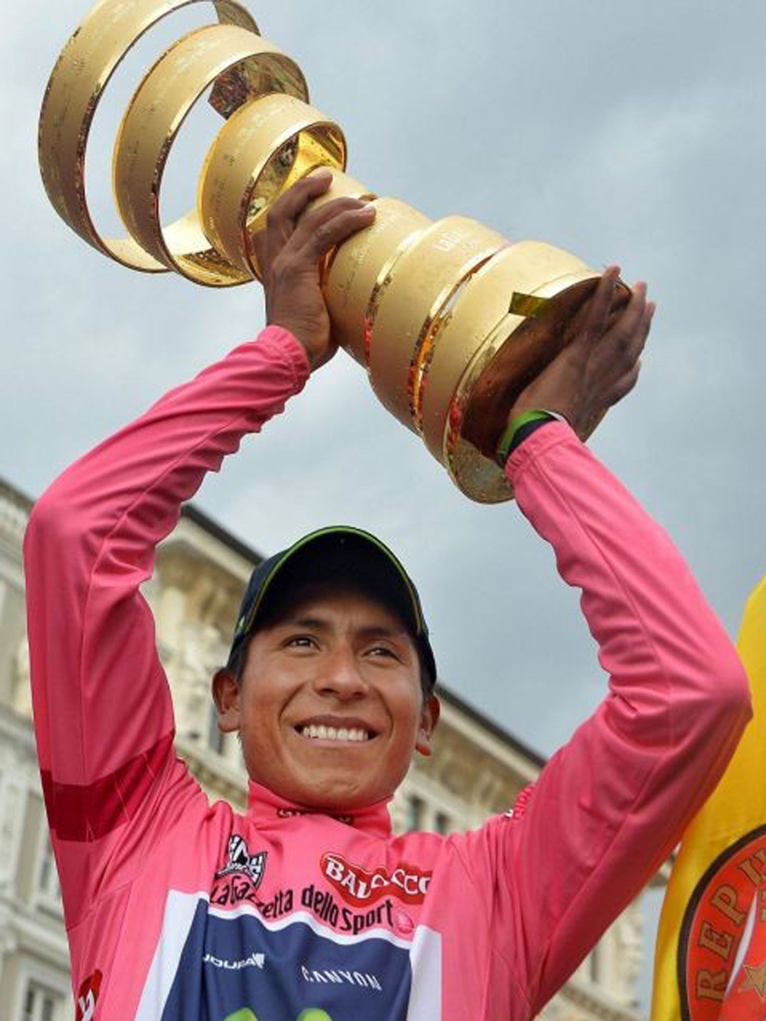 Nairo Quintana celebrates clinching the Giro d’Italia yesterday