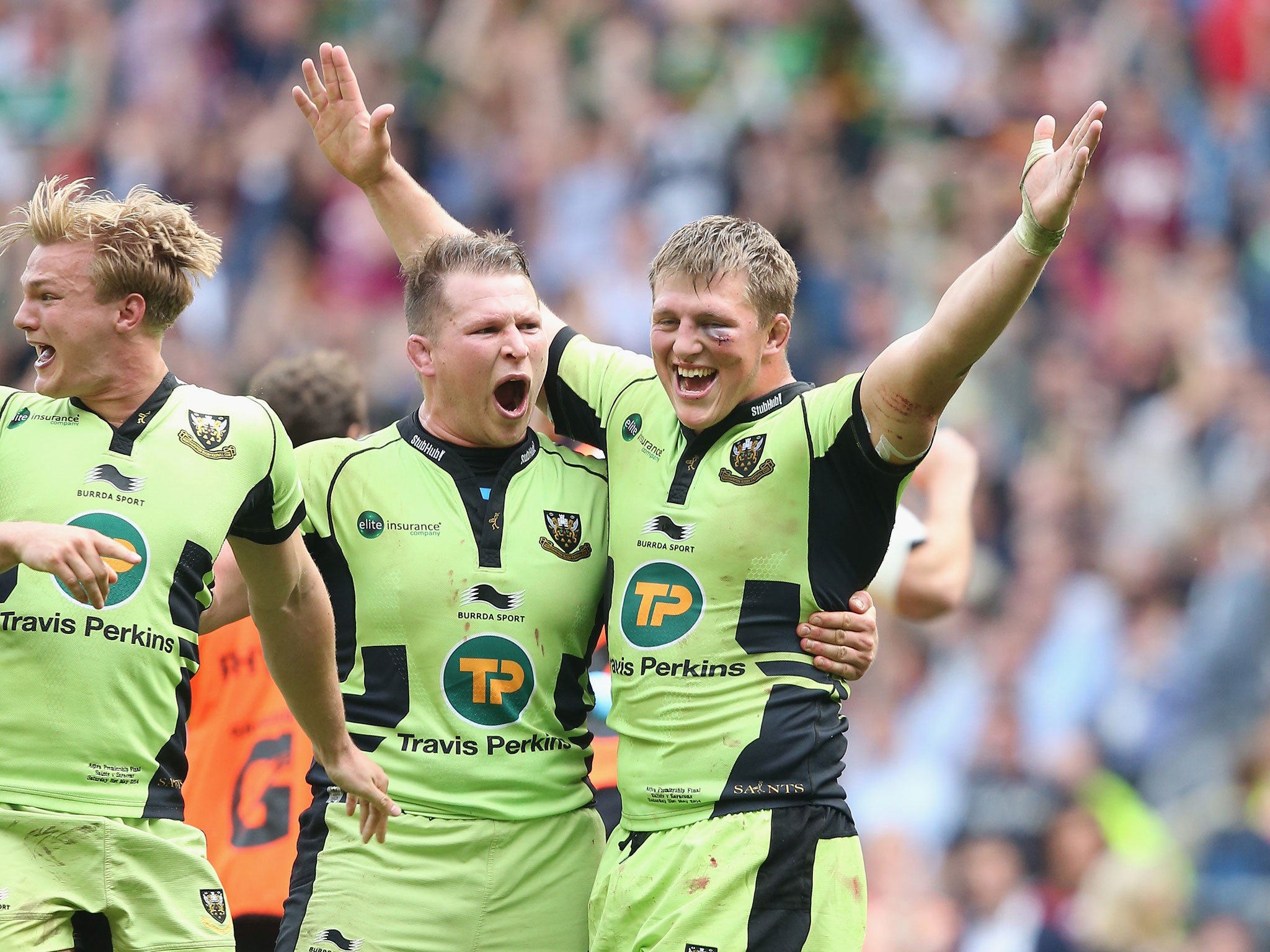 Dylan Hartley embraces Alex Waller after the latter scored the match winning try in the Premiership final