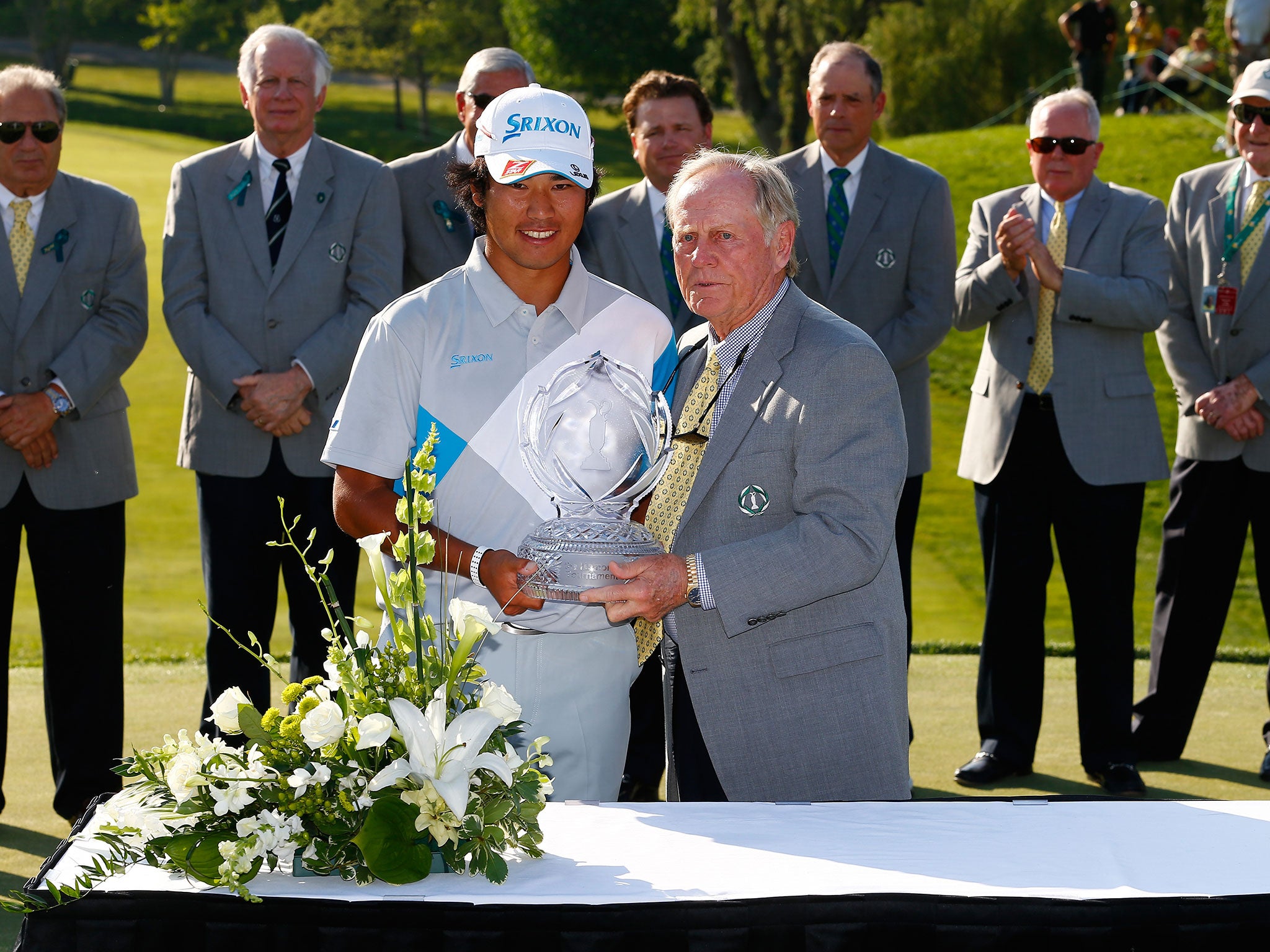 Hideki Matsuyama of Japan and Jack Nicklaus pose with the trophy after the Memorial Tournament presented by Nationwide Insurance at Muirfield Village Golf Club