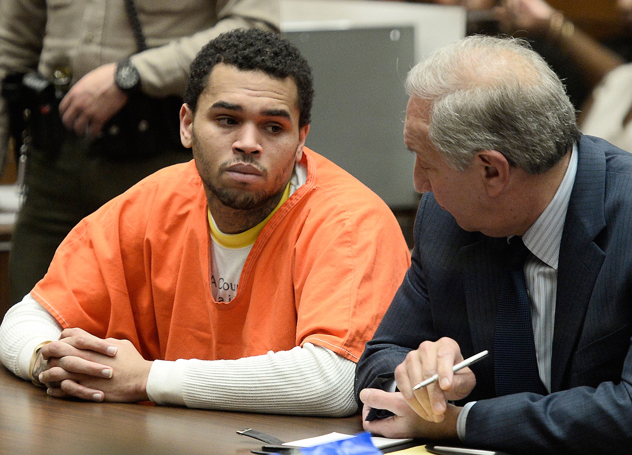Chris Brown with his attorney Mark Geragos at the May 9 court hearing