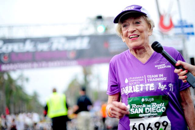 91 year old Marathon participant Harriette Thompson participates in the Rock 'n' Roll San Diego Marathon & Half Marathon to benefit the Leukemia & Lymphoma Society on June 1, 2014 in San Diego, California