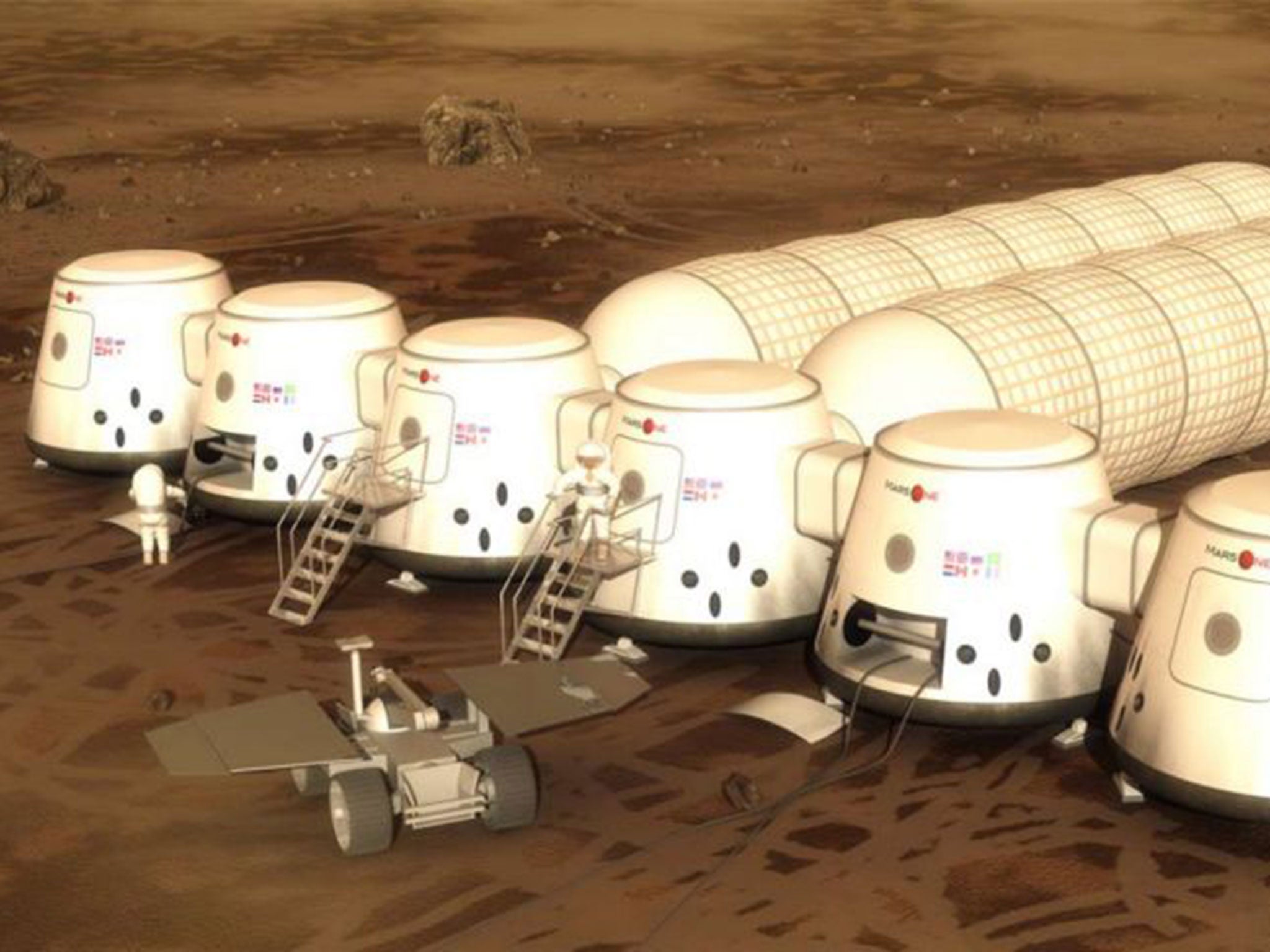 An artist’s impression of the Mars One colony on the Red Planet where 20 people are expected to live. About 200,000 people applied for the planned one-way trip to Mars in 2025