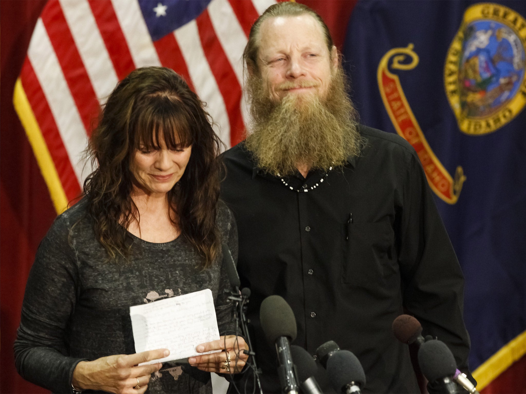 Bowe Bergdahl's mother and father, Jani and Bob, speak to the media during a press conference in Boise, Idaho, on Sunday