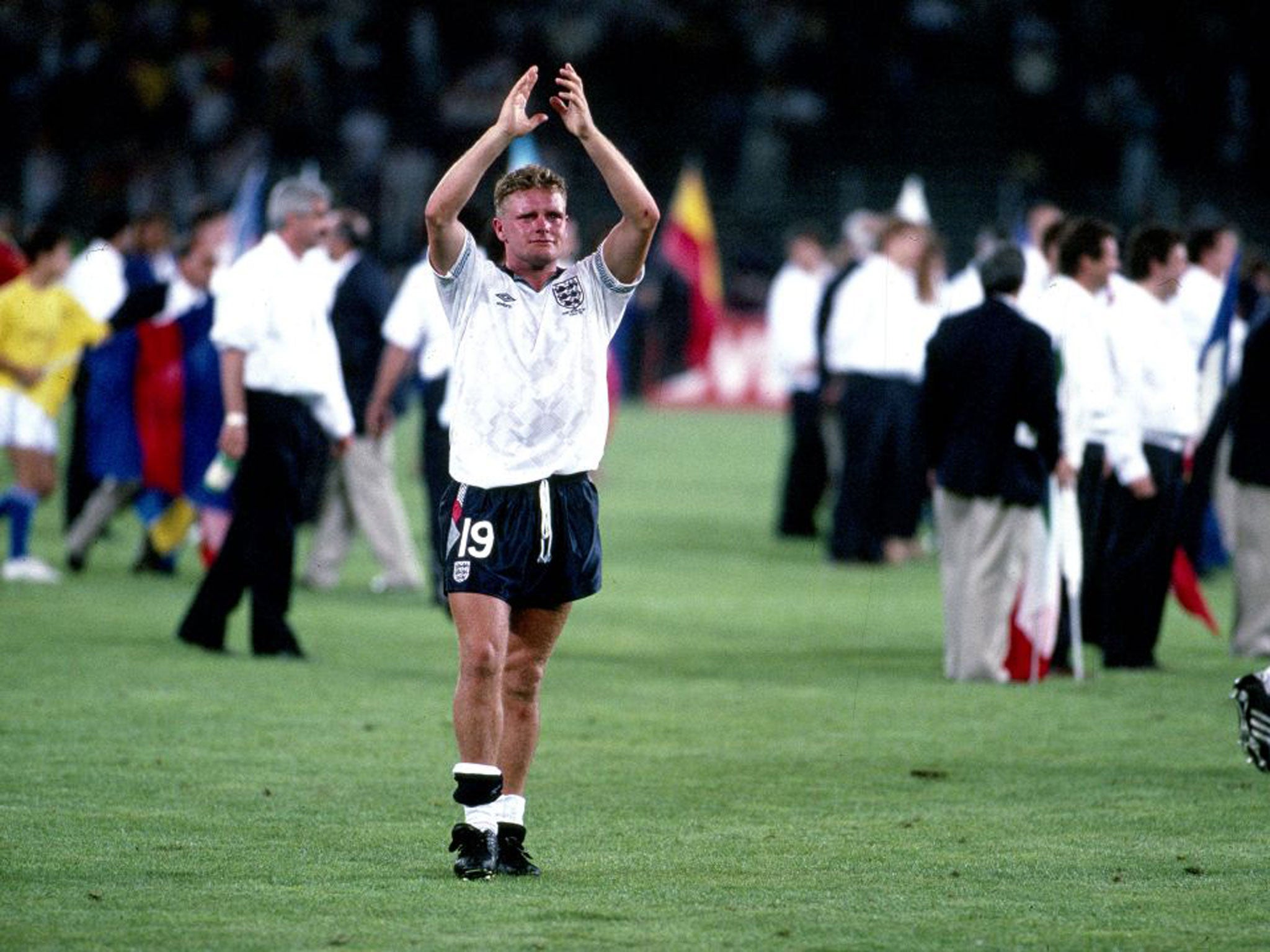 Losing it: Paul Gascoigne breaks into tears at the 1990 World Cup after England is defeated yet again