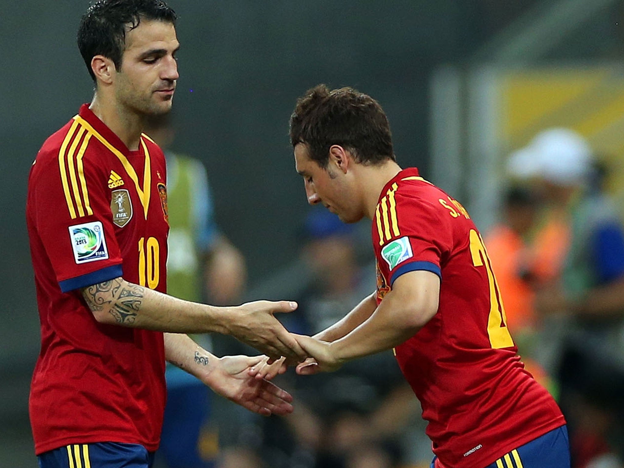 Santi Cazorla replaces Cesc Fabregas during Spain's Confederations Cup match against Brazil last year