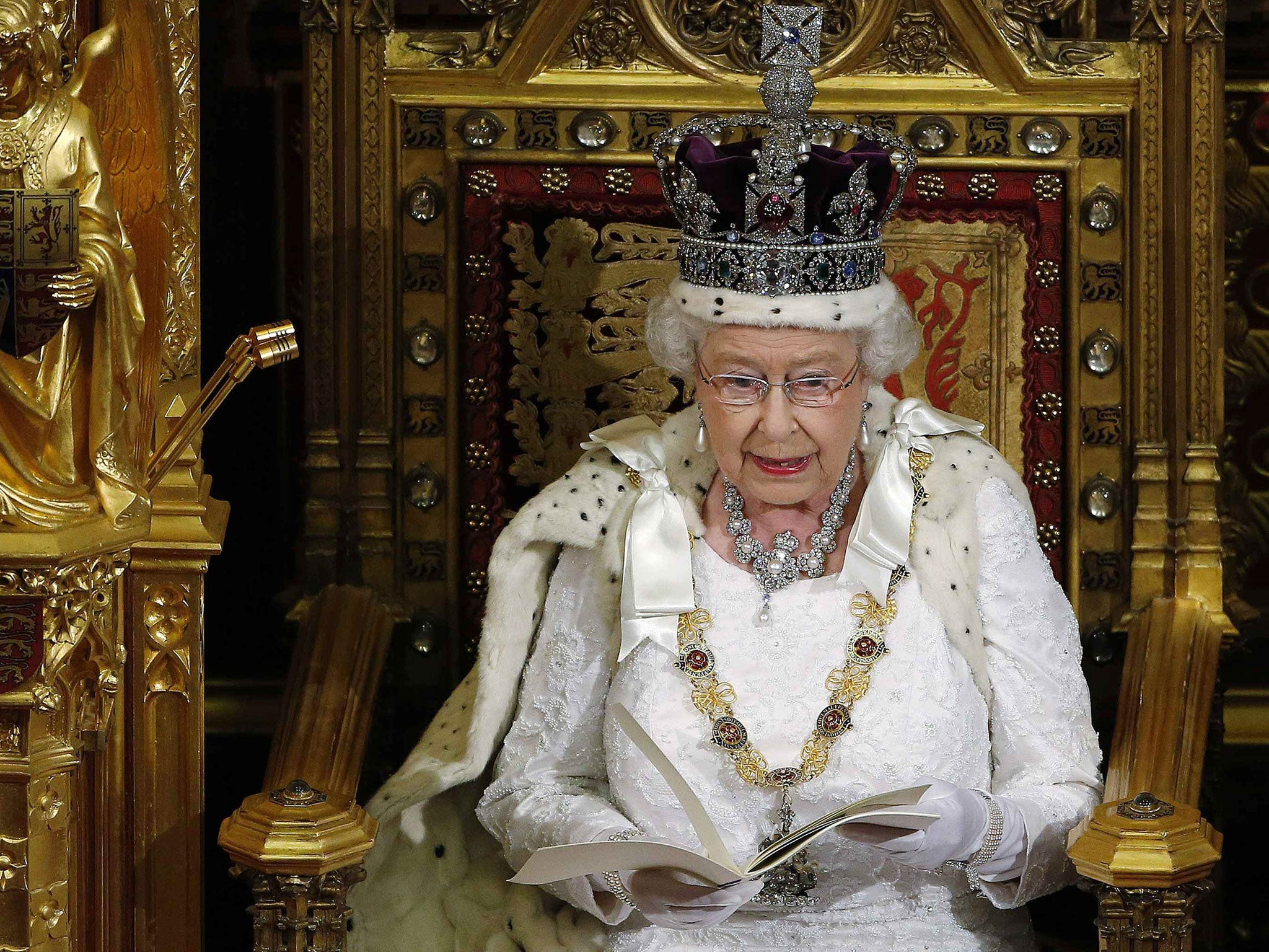 Queen Elizabeth II delivers her speech during the State Opening of Parliament in the House of Lords at the Palace of Westminster on June 4, 2014 in London, England.