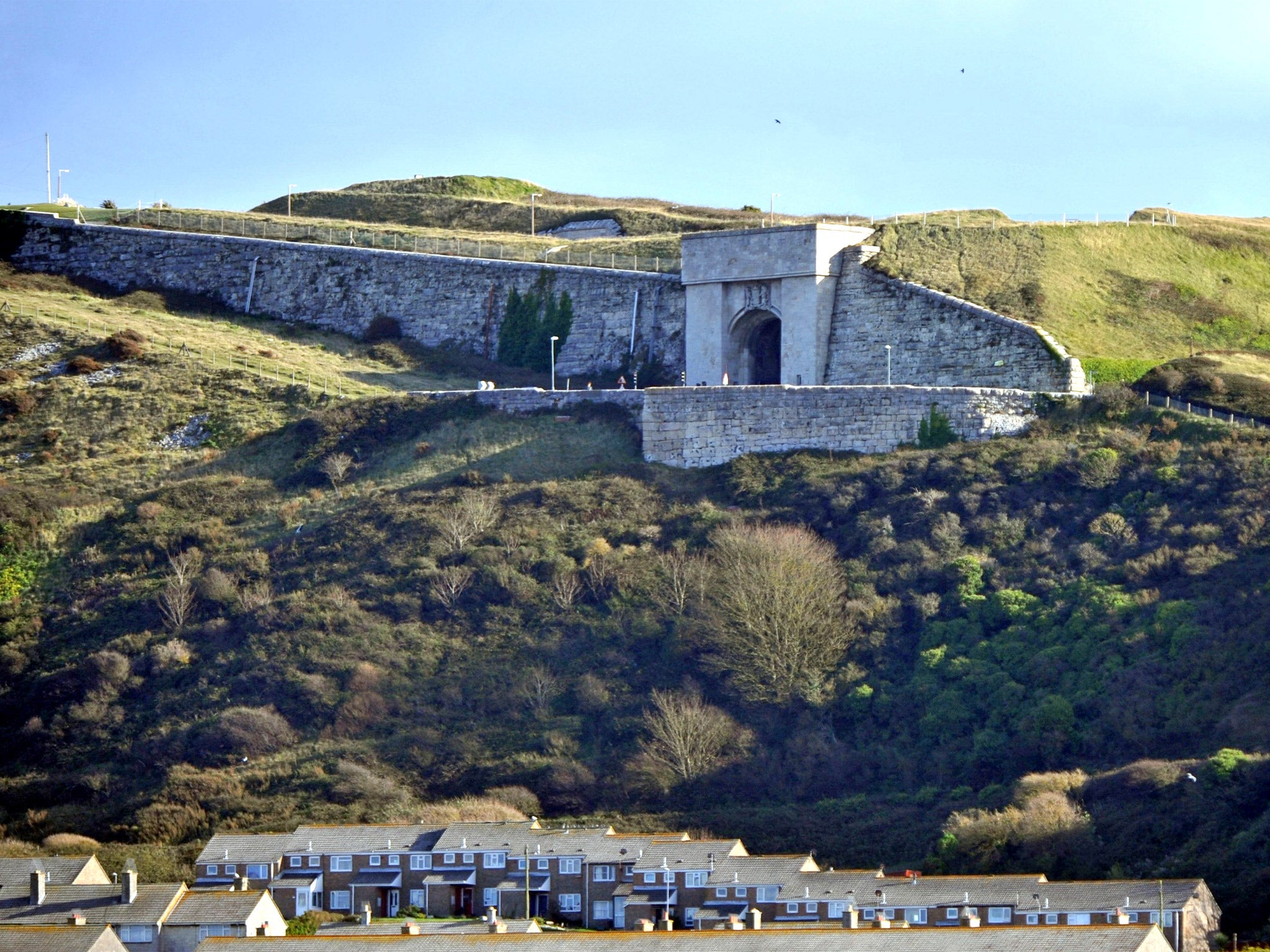 The imposing entrance to Verne prison on the Isle of Portland in Dorset. The jail was built in the 1840s