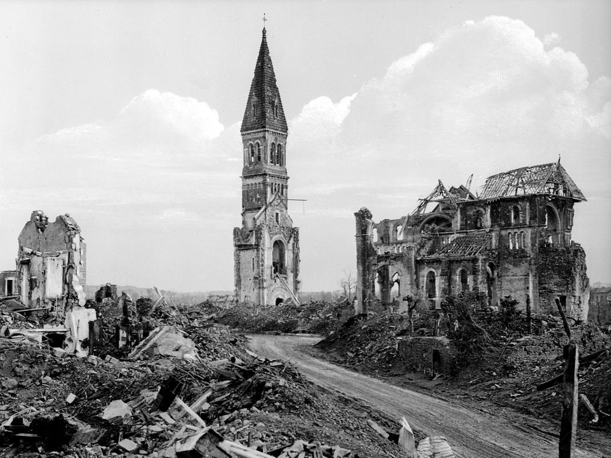 Ruins of the church of Aunay-sur-Odon in late 1944