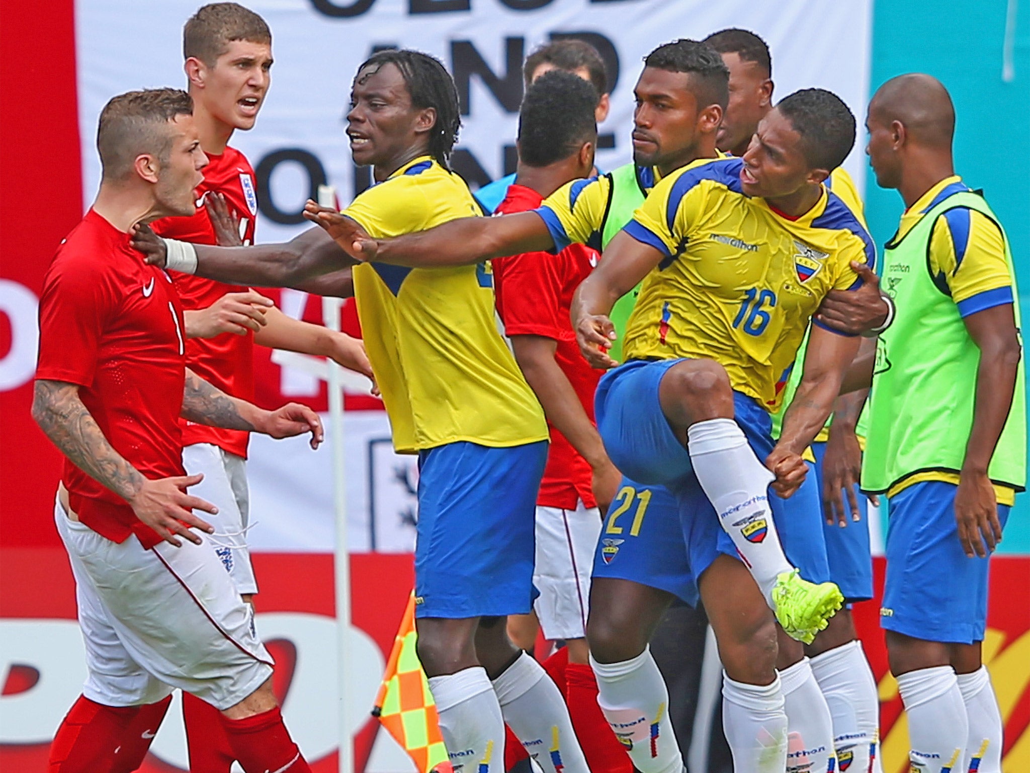 Jack Wilshere confronts Antonio Valencia after his altercation with Raheem Sterling