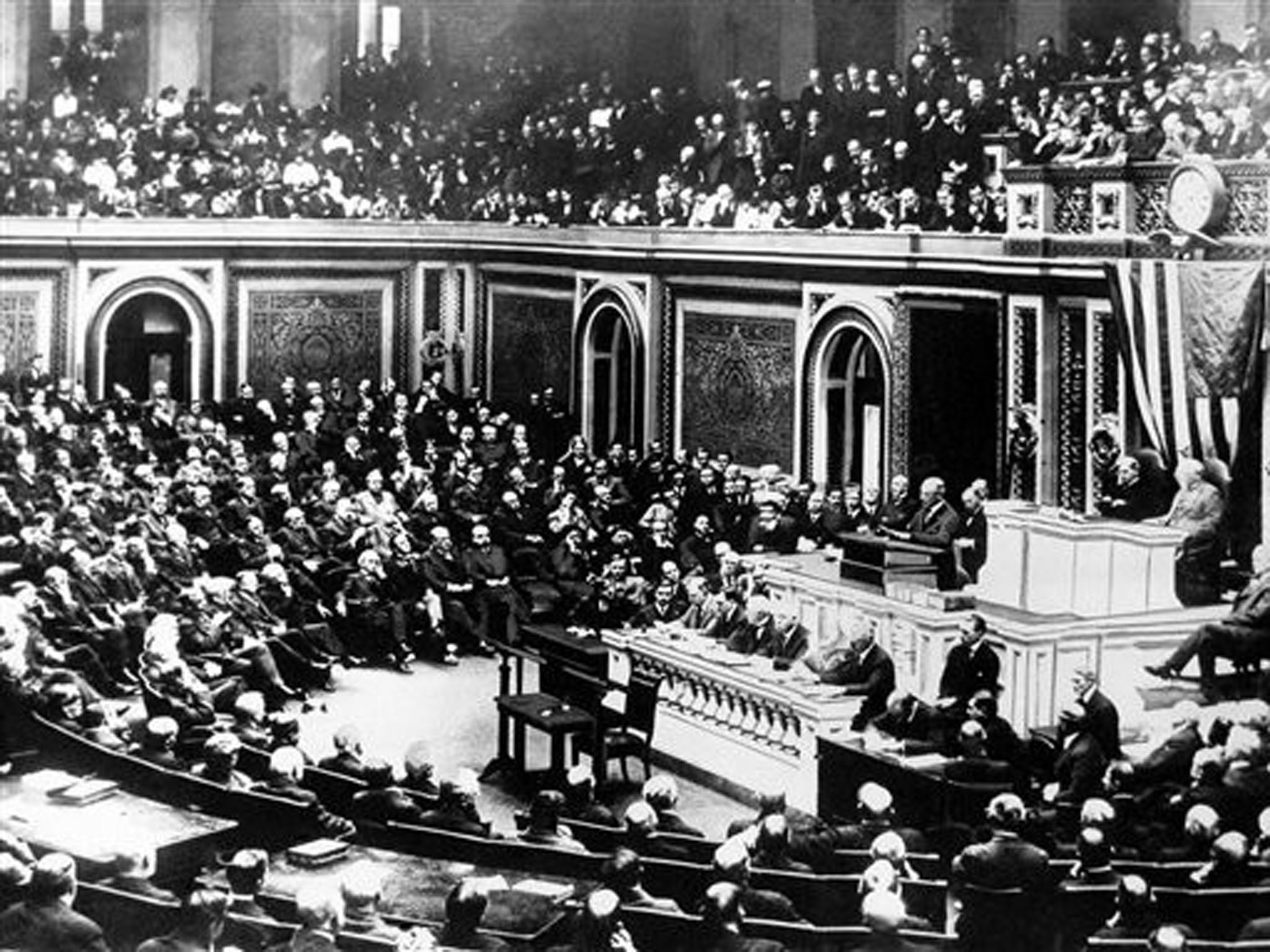 The moment that ushered in the American century: President Woodrow Wilson asks
Congress to ratify a declaration of war against Imperial Germany
