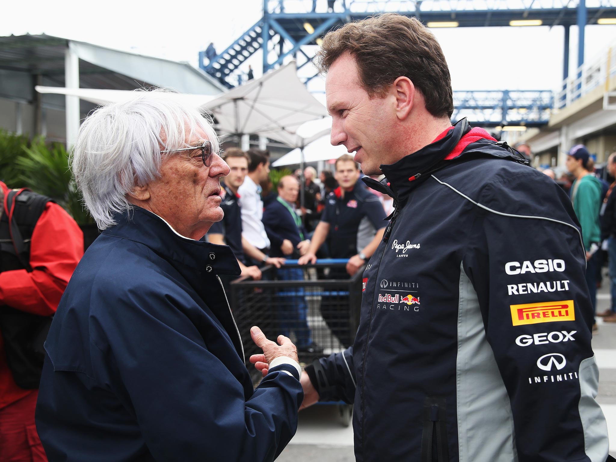 Bernie Ecclestone chatting with the Red Bull principal, Christian Horner