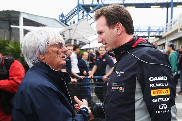 Bernie Ecclestone chatting with the Red Bull principal, Christian Horner