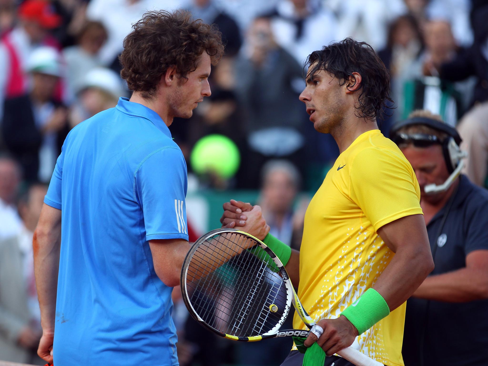 Andy Murray congratulates Rafael Nadal after the Spaniard won their Monte Carlo Masters encounter in 2011