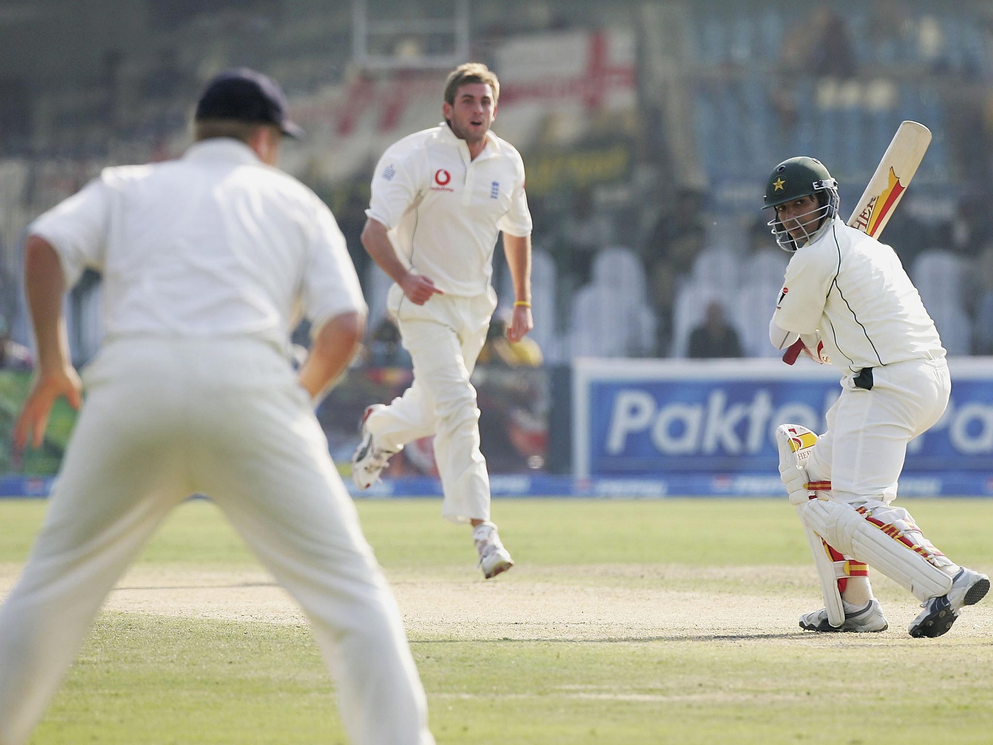 Liam Plunkett takes his first Test wicket on his debut in Lahore against Pakistan in
2005