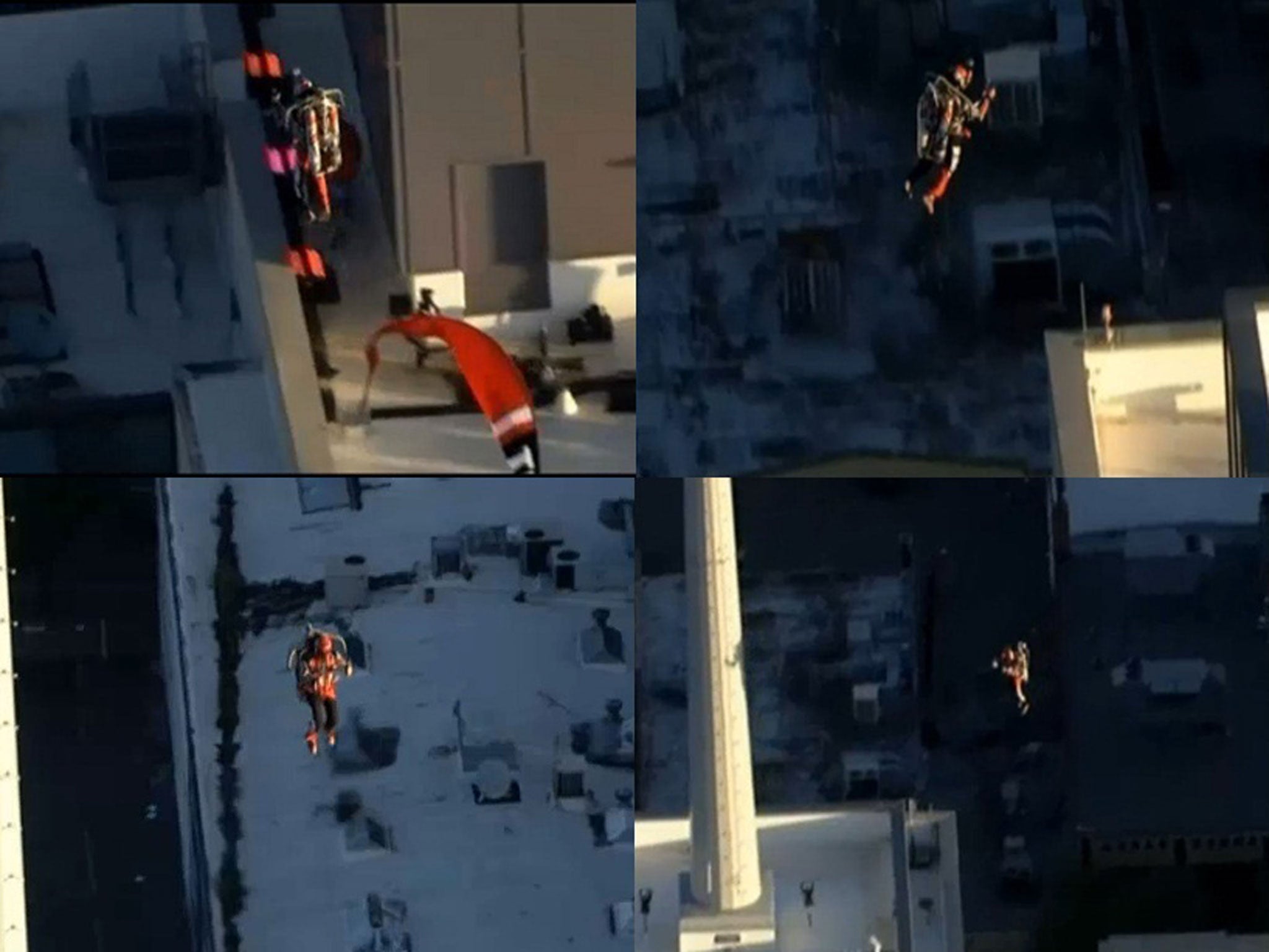 Daredevil Nick Macomber flies in a jet pack for 30 seconds after jumping off a hotel’s rooftop.