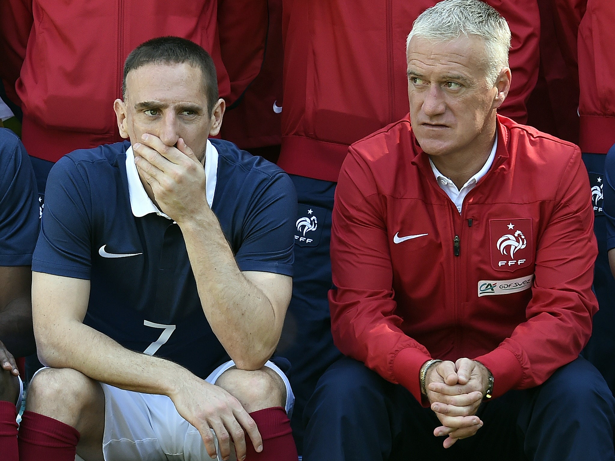 Franck Ribery alongside France's head coach Didier Deschamps for the pre-World Cup picture