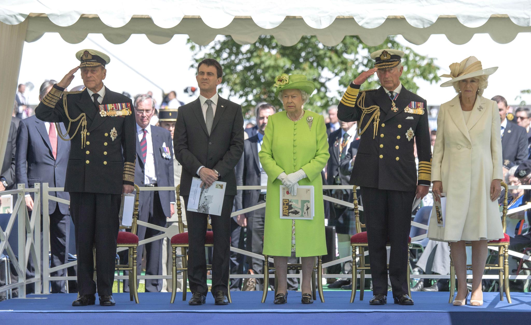Prince Philip, Duke of Edinburgh , Prime Minister manuel valls, Queen Elizabeth ll, Prince Charles, Prince of Wales and Camilla, Duchess of Cornwall at the Bayeux Cemetary during D-Day 70 Commemorations