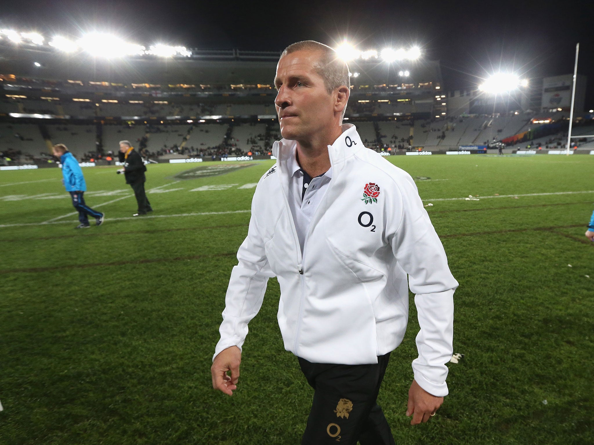 Stuart Lancaster walks off the Eden Park pitch after his England side lost to New Zealand 20-15