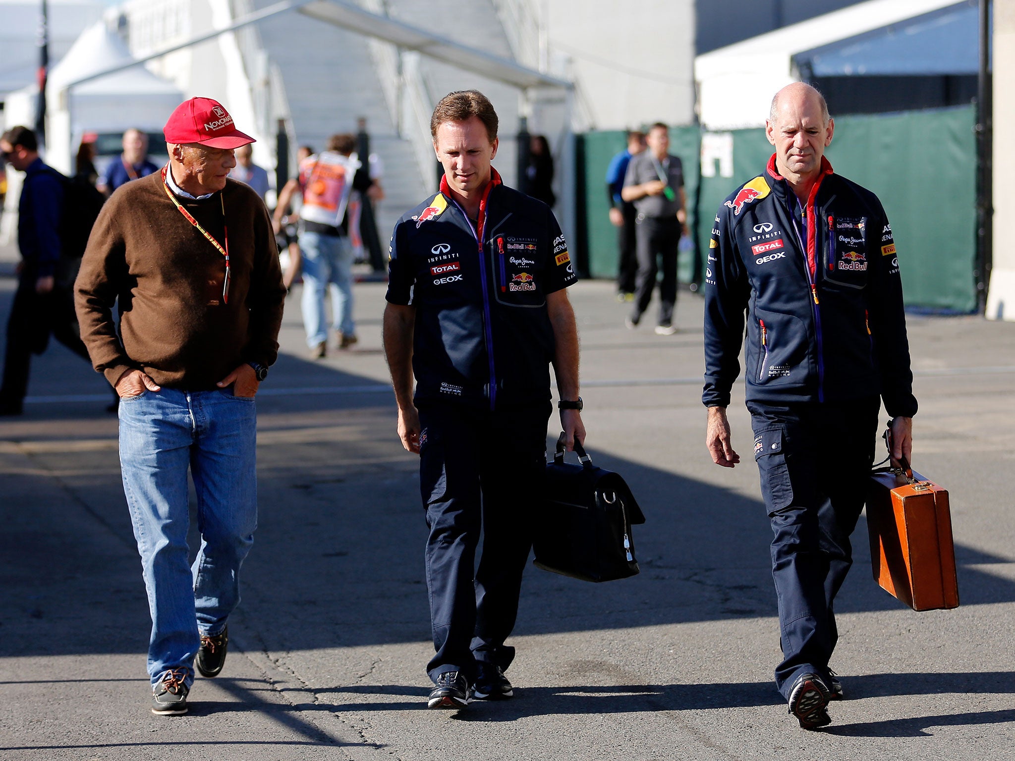 Niki Lauda, Christian Horner the Infiniti Red Bull Racing Team Principal and Adrian Newey the Infiniti Red Bull Racing Chief Technical Officer