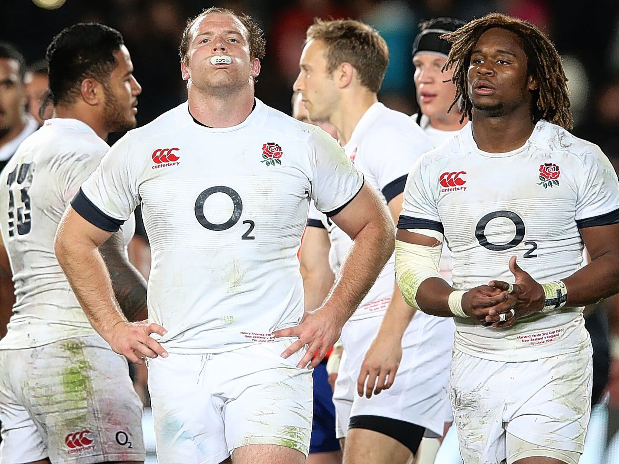England players Henry Thomas and Marland Yarde look dejected after the full-time whistle in the 20-15 defeat to England