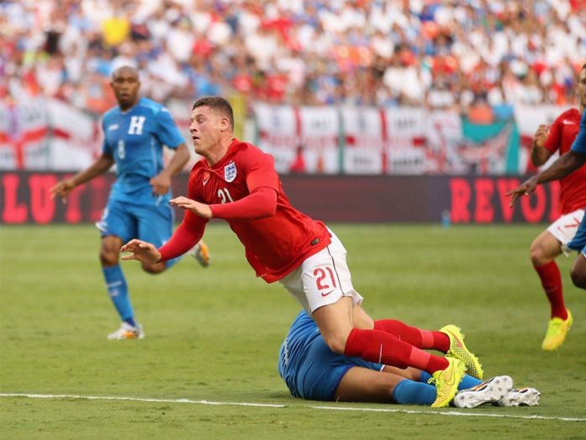 Ross Barkley is brought down during the friendly against Honduras
