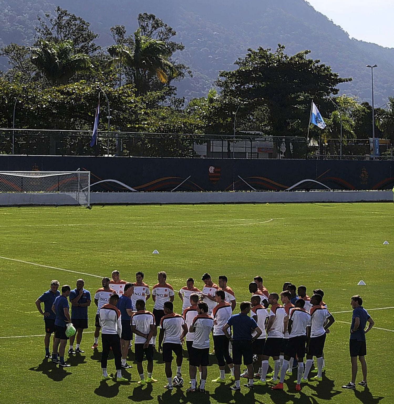Coach Louis van Gaal with the Netherlands squad before a training session in Rio de Janeiro yesterday