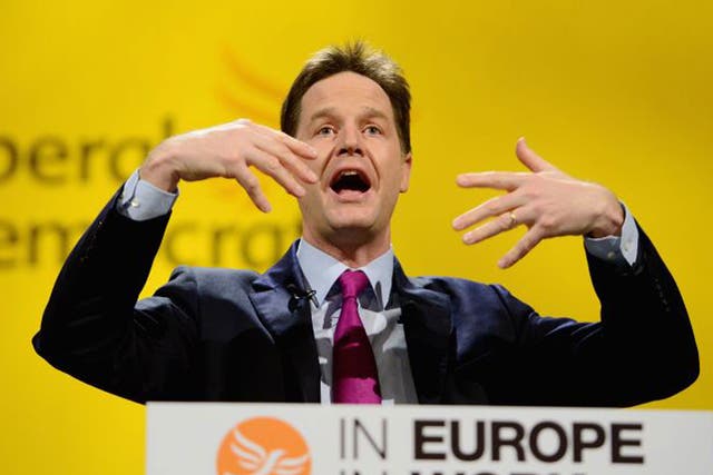 ck Clegg deputy prime minister and leader of the Liberal Democrats gives his key note address to the party spring conference on March 9, 2014 in York, England.