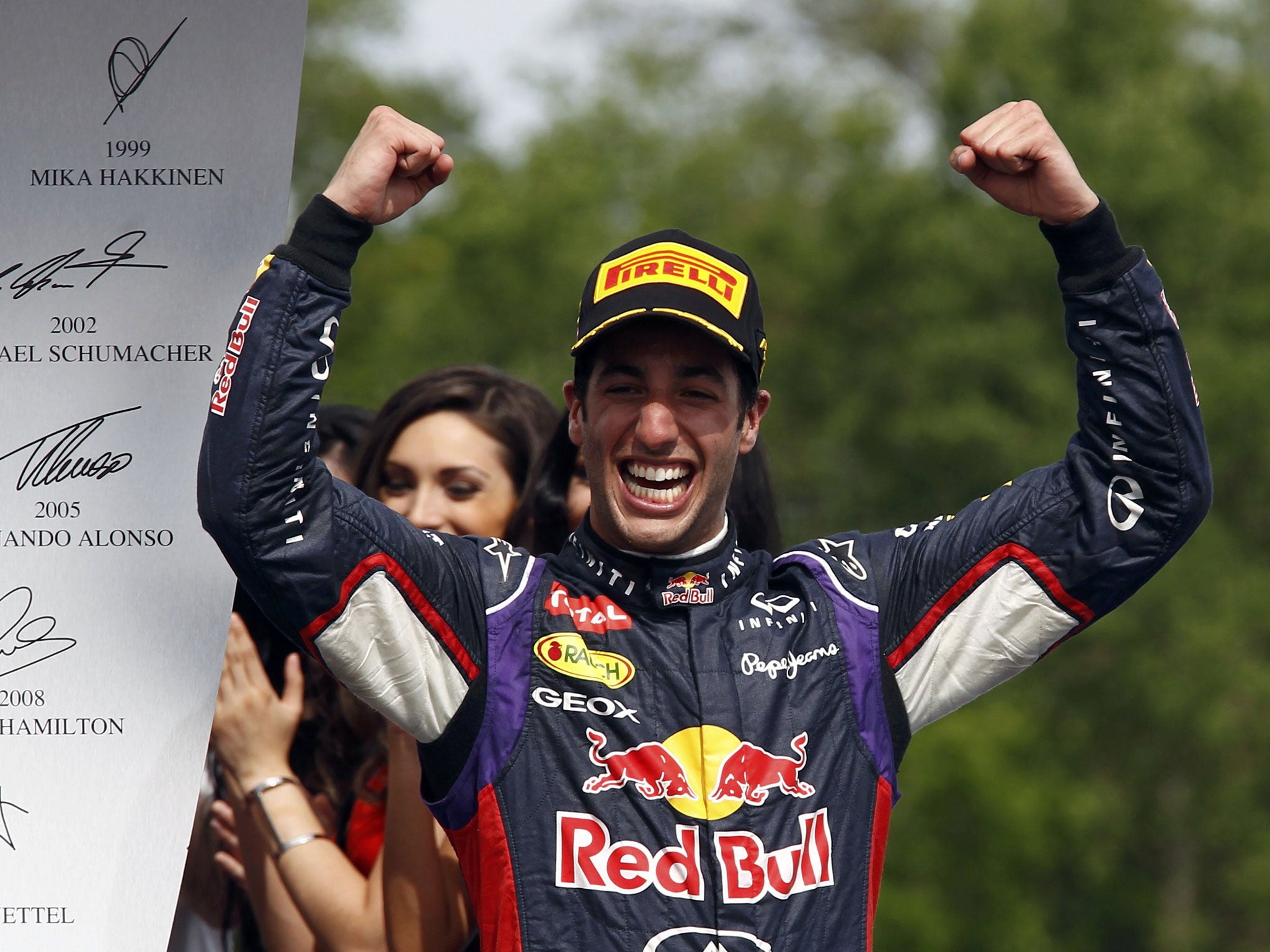 Red Bull Formula One driver Daniel Ricciardo of Australia celebrates after winning the Canadian F1 Grand Prix at the Circuit Gilles Villeneuve in Montreal