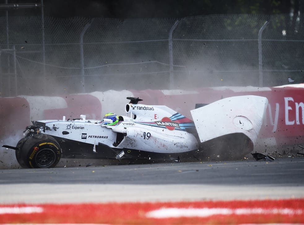 Williams driver Felipe Massa of Brazil hits the wall hard on the final lap at the Canadian Formula One Grand Prix at the Circuit Gilles Villeneuve in Montreal on June 8