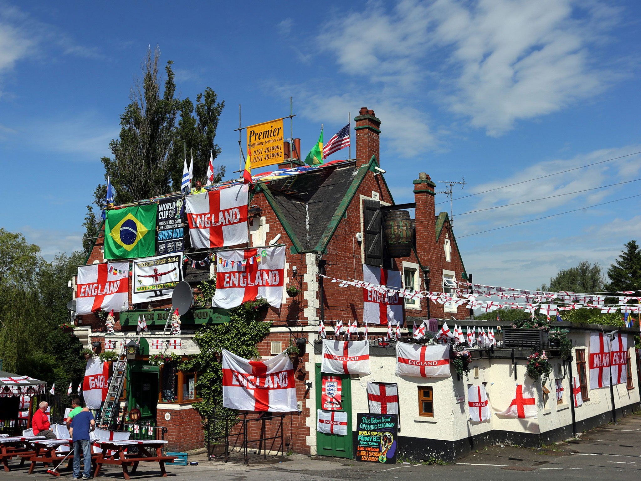 Decorations and flags outside The Robin Hood public house in Jarrow