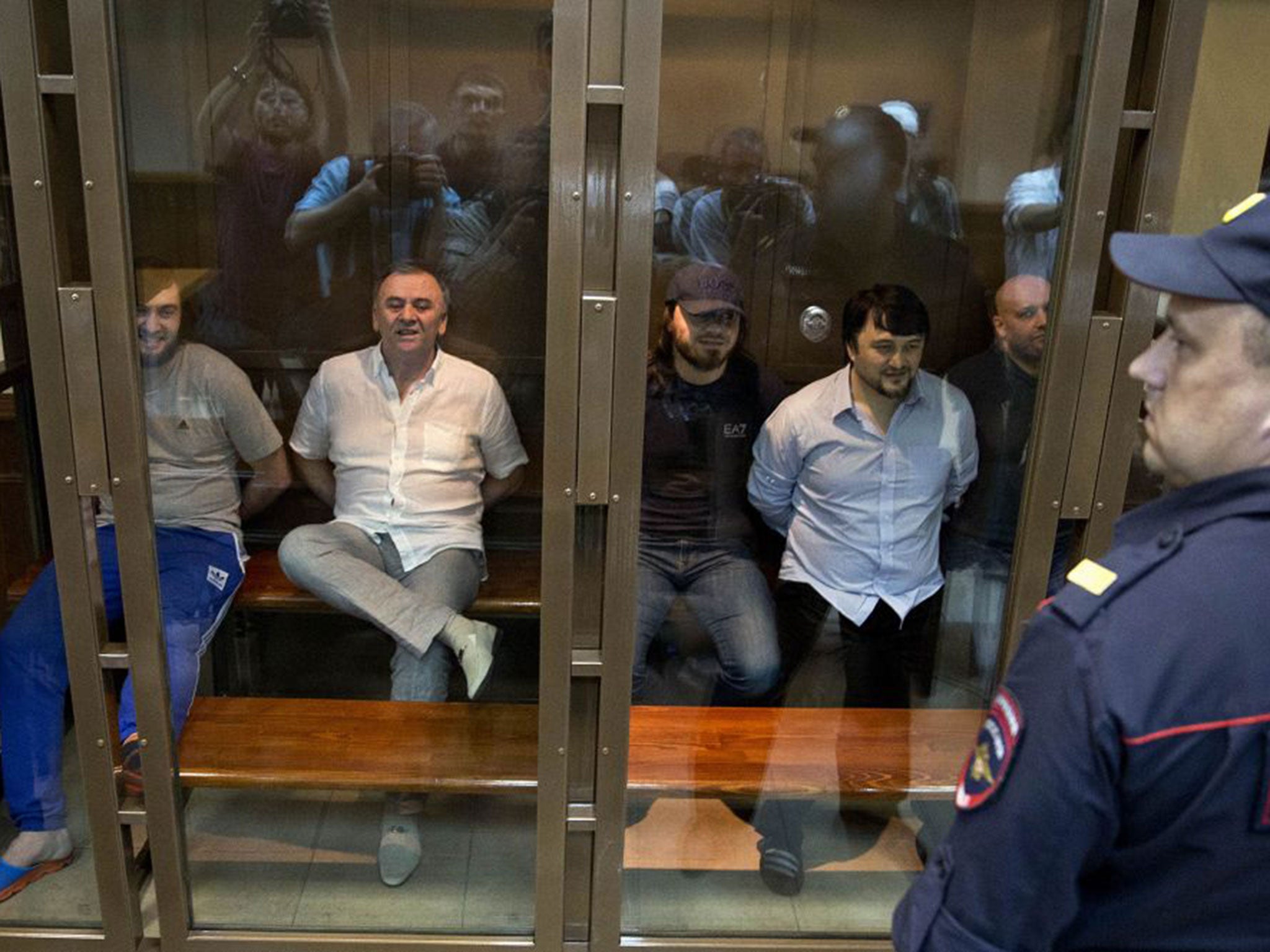 The five sentenced men (from left to right): Ibragim Makhmudov, Lom-Ali Gaitukayev, Dzhabrail Makhmudov, Rustam Makhmudov and Sergey Hadjikurbanov