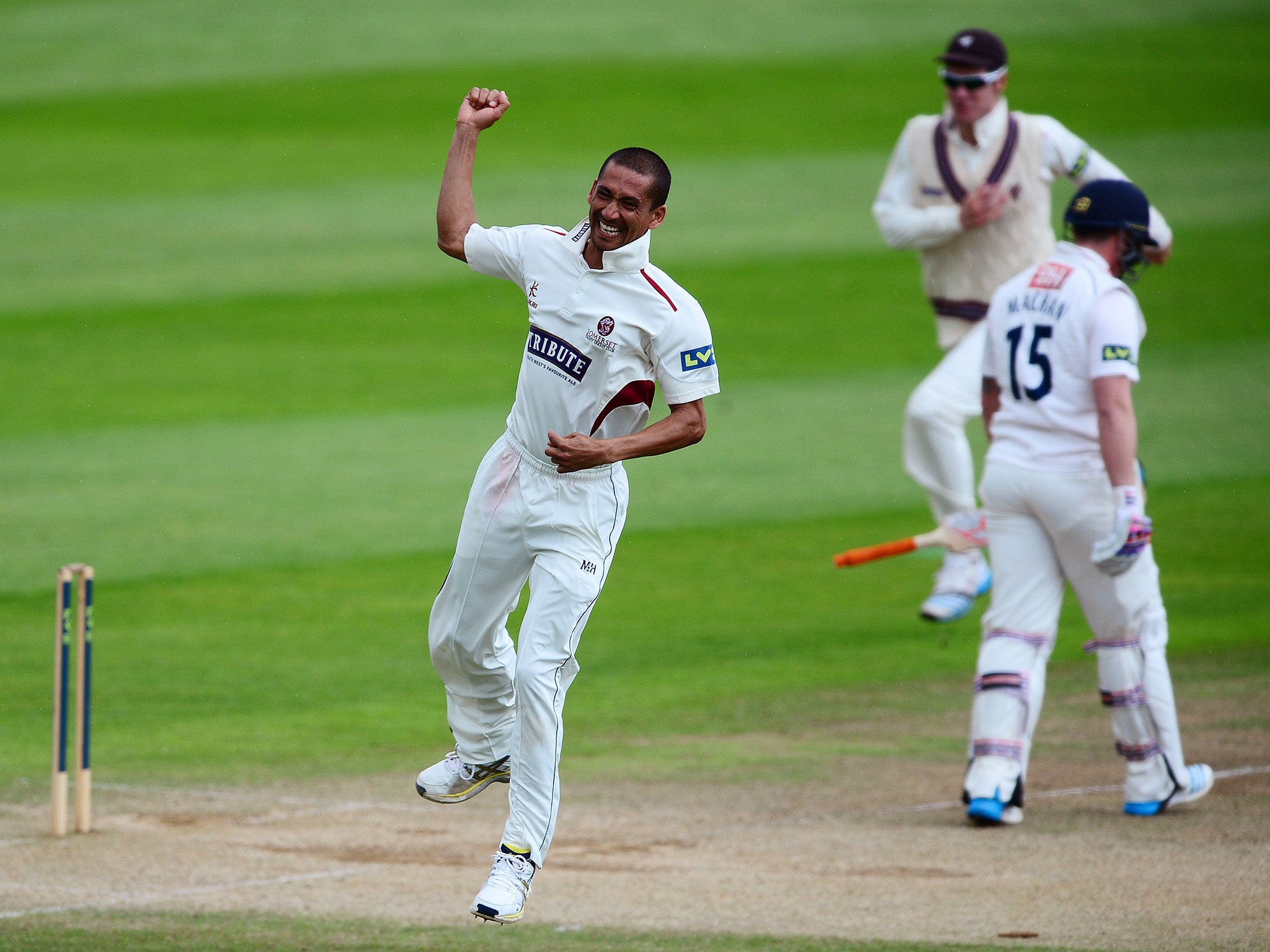 Alfonso Thomas of Somerset celebrates taking four wickets in four balls after dismissing Matt Machan of Sussex during day three of the LV County Championship