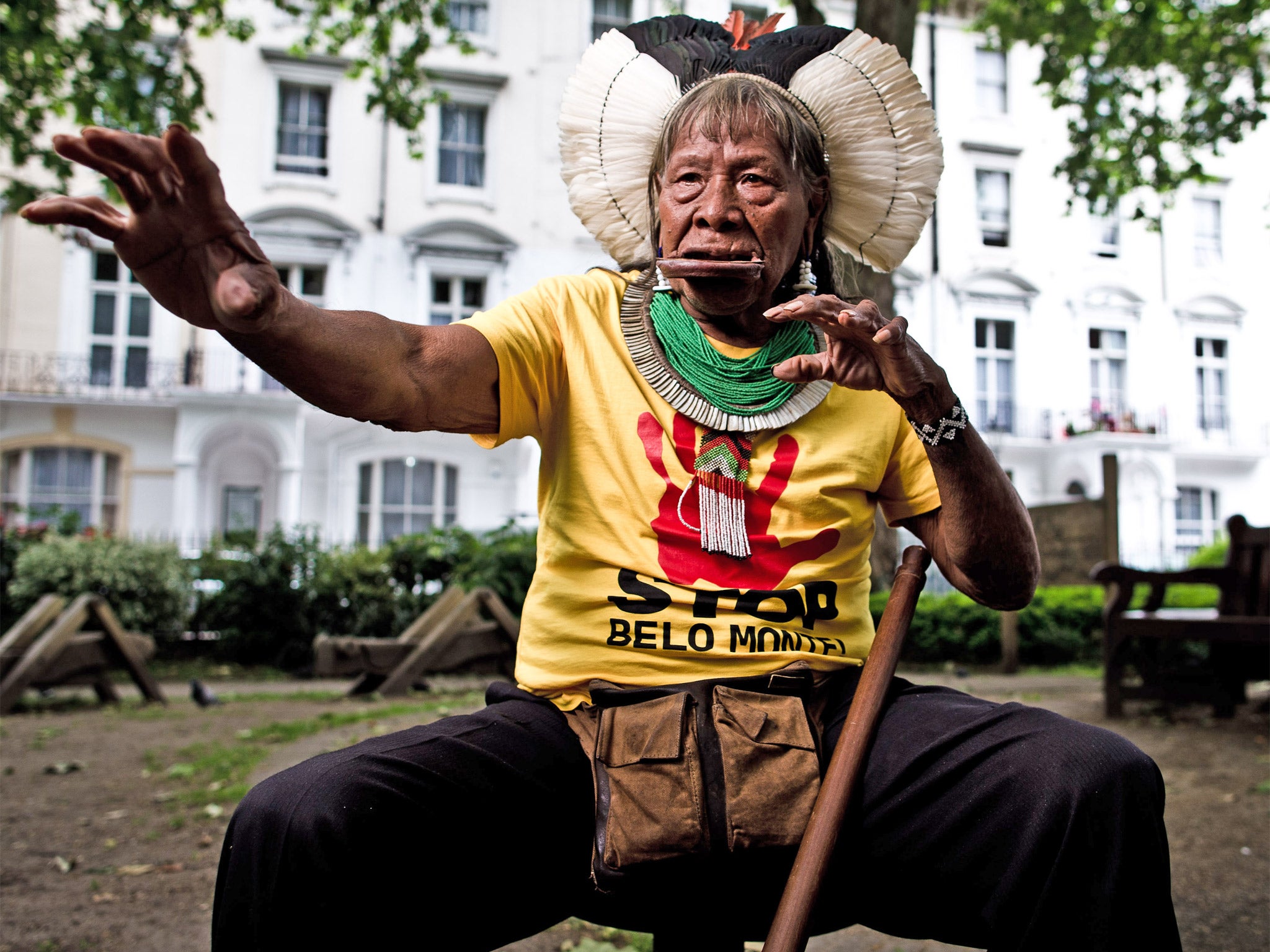 Raoni Metuktire is in the UK to highlight the plight of the Brazilian rainforest