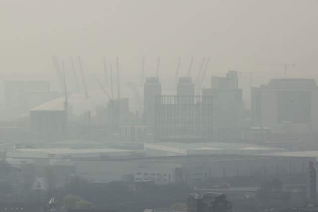 A view of the 02 Arena through smog on April 2, 2014, when dust from the Sahara combined with pollution from mainland Europe to create one of the worst smogs of the year  
