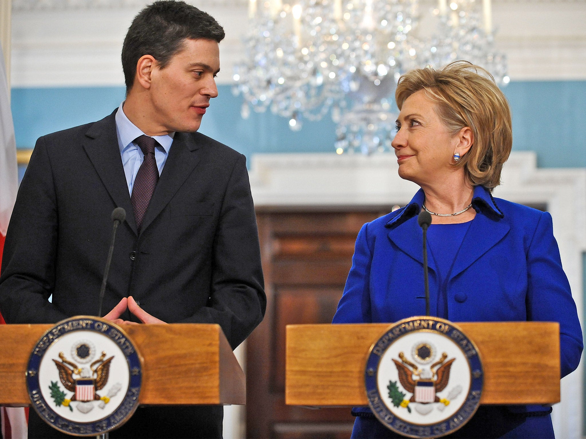 Clinton with then British Foreign Secretary David Miliband in 2009 (Getty)