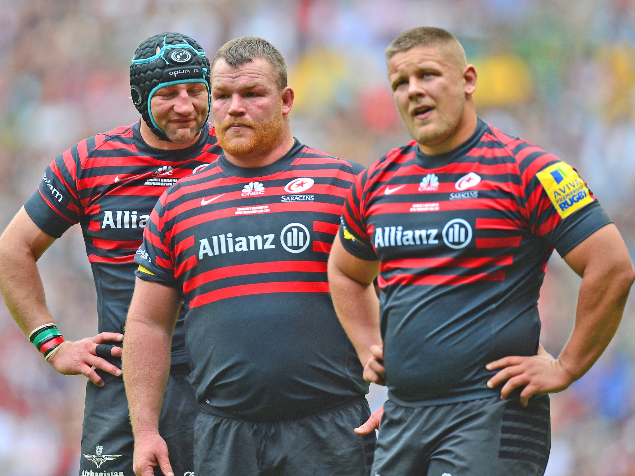 Dejected Saracens players following their recent Aviva Premiership title defeat