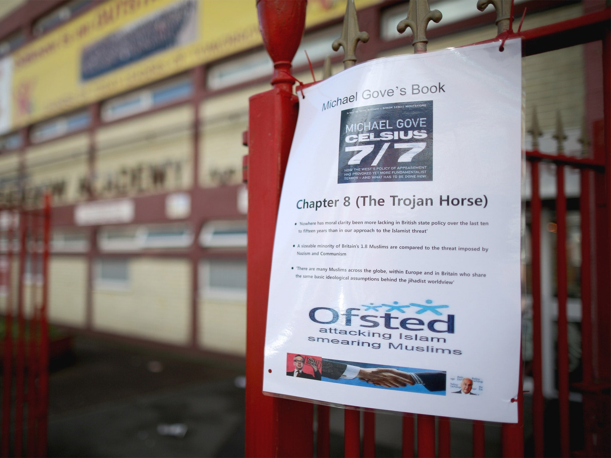 A poster protesting against Michael Gove is displayed outside Oldknow Academy, one of the Birmingham Schools at the centre of the 'Trojan Horse' affair (Getty)