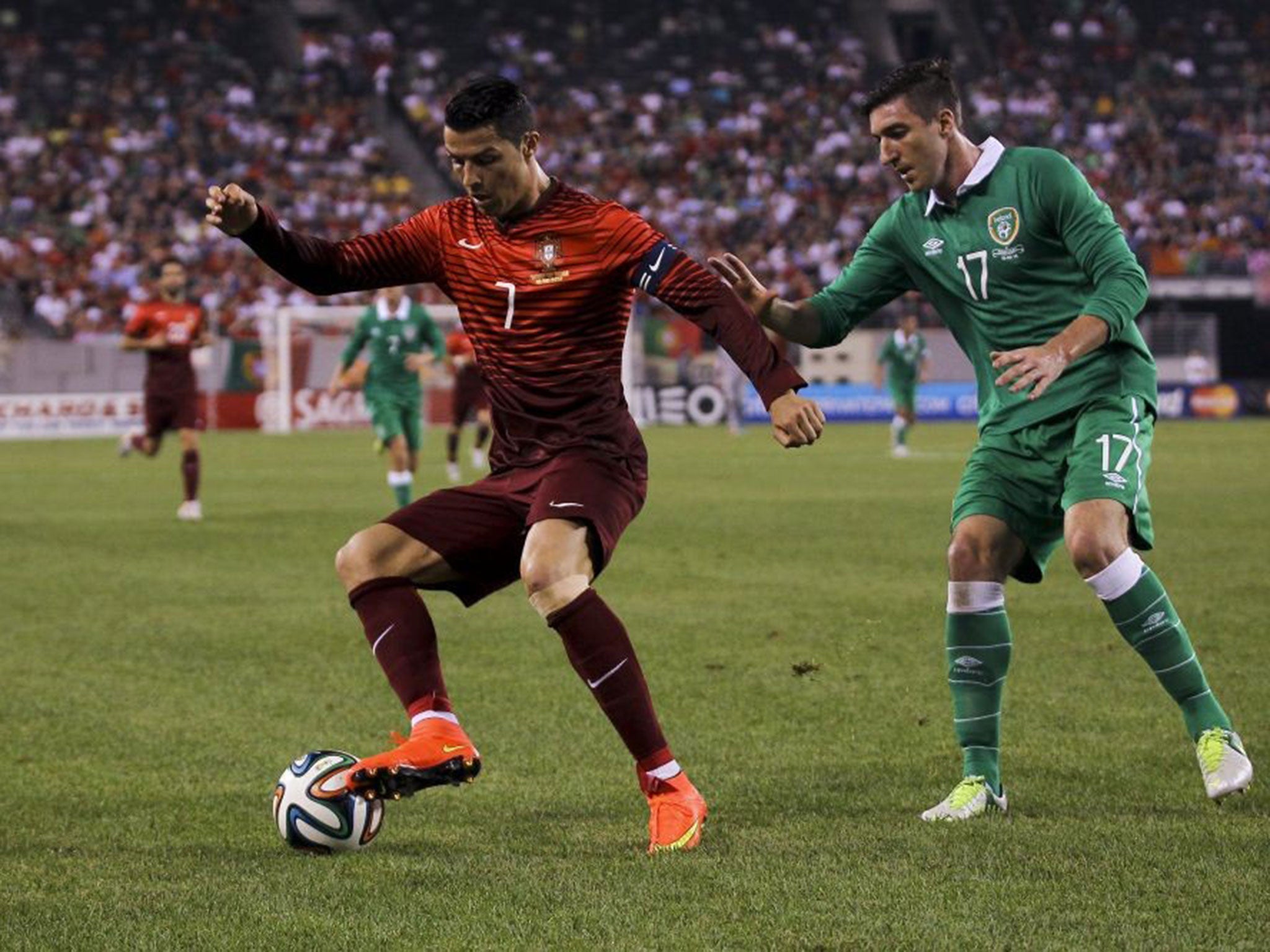 Cristiano Ronaldo takes on Stephen Ward during Portugal's 5-1 victory over the Republic of Ireland