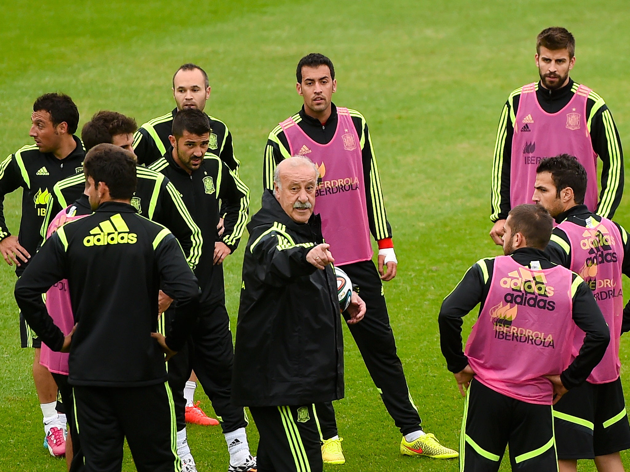 Head coach Vicente Del Bosque of Spain gives instructions to his players