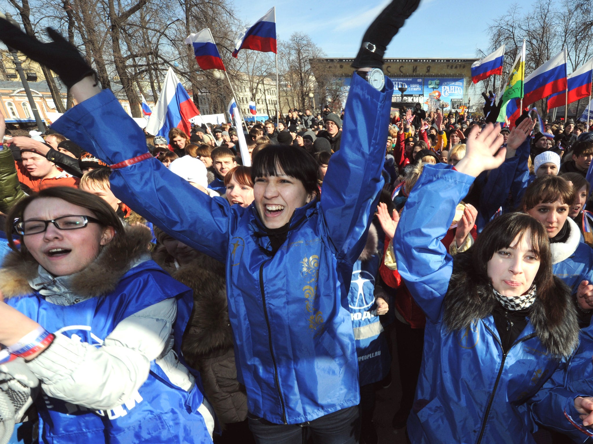 Members of pro-Kremlin youth groups during a rally in Moscow