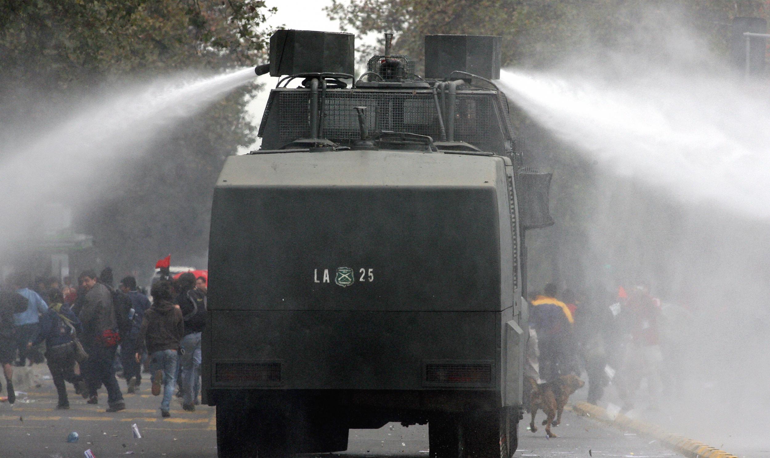 A water cannon in use in Chile