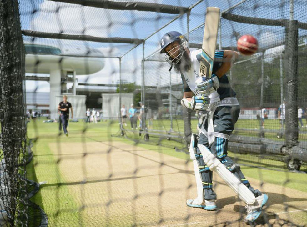 One of England’s three debutants, Mooen Ali, bats in the nets at Lord’s yesterday; he is due to come in at six and bowl off-spin