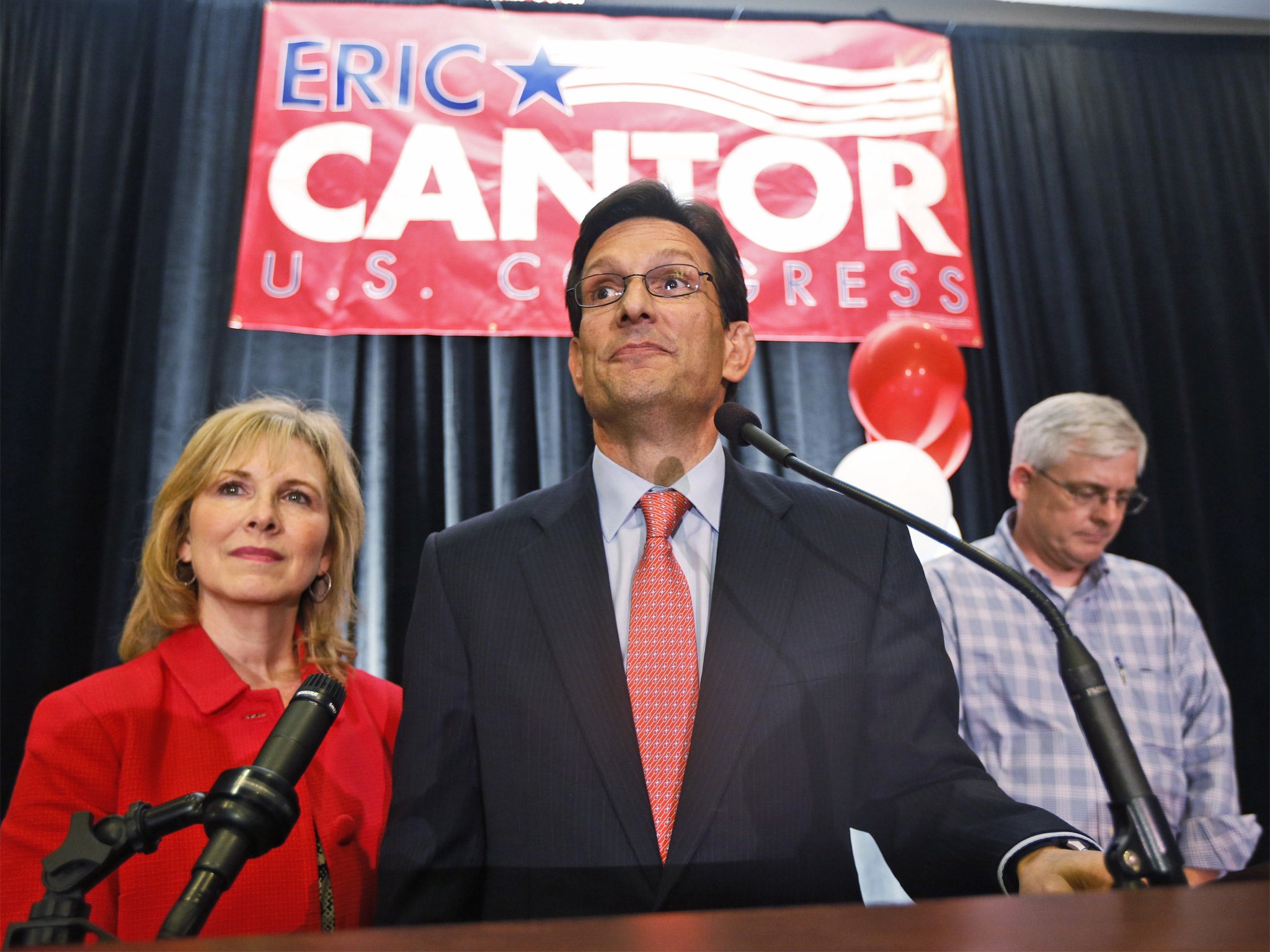 House Majority Leader Eric Cantor, flanked by his wife Diana, delivers his concession speech in Richmond, Virginia