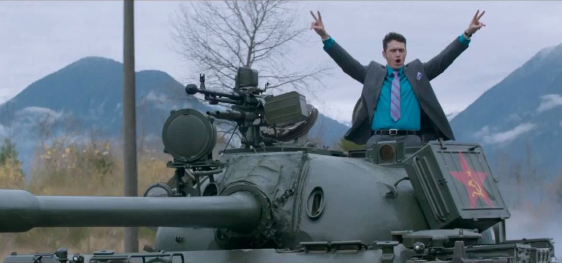 James Franco drives a tank through North Korea in The Interview