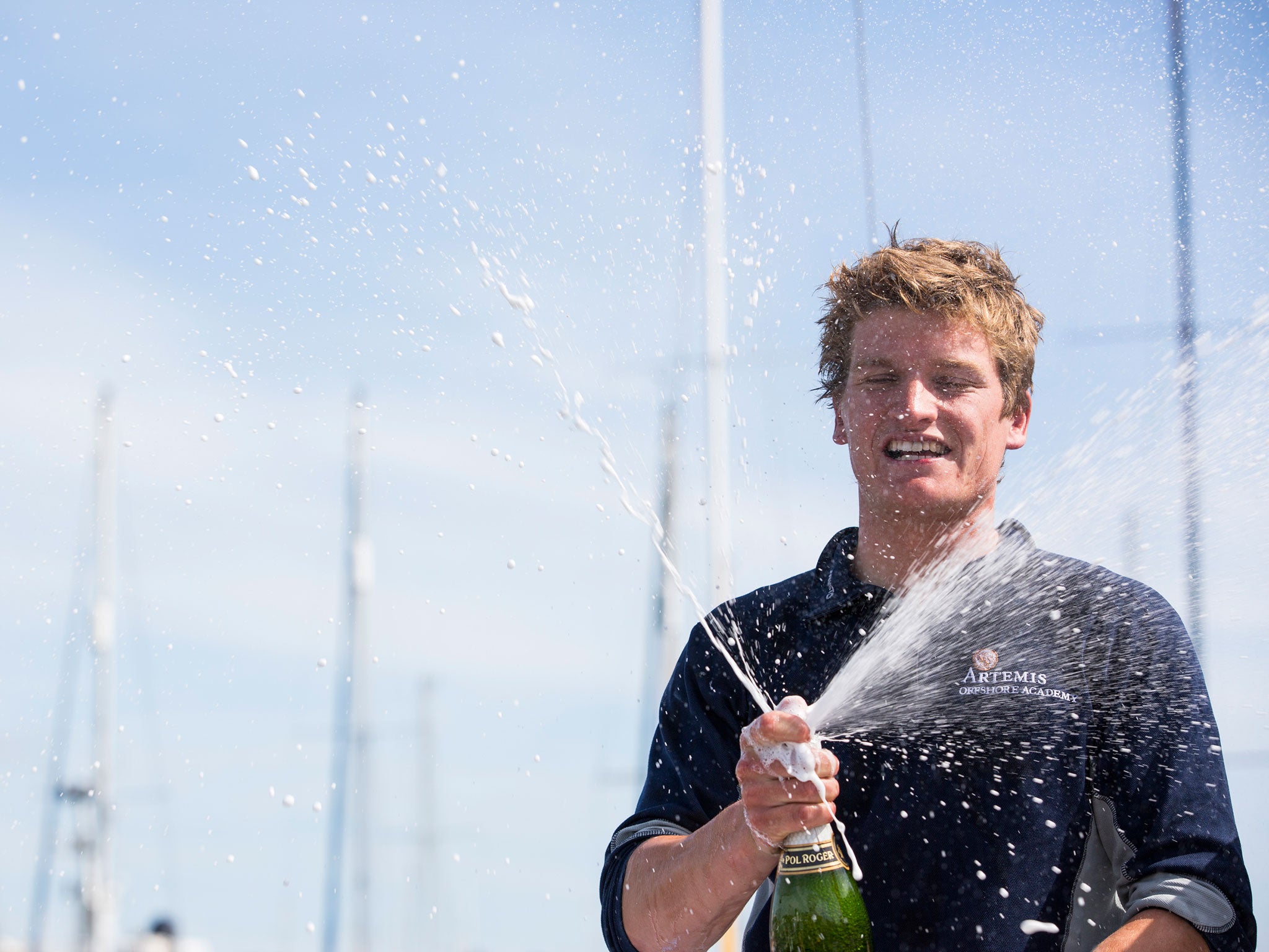 Celebrating success, Sam Matson was not just first rookie debutant but first Brit of eight on the 484-mile opening leg of the Figaro Solo Race from Deauville to Plymouth