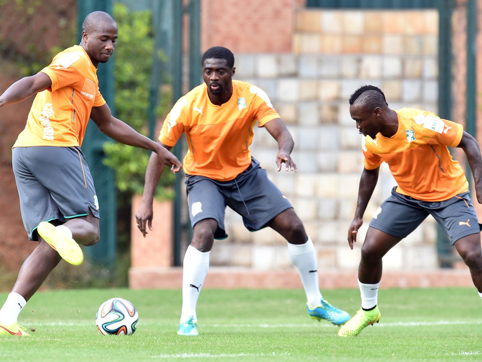 Ivory Coast's defender Souleymane Bamba (L), Ivory Coast's defender Kolo Toure (C) and Ivory Coast's defender Arthur Boka take part in a training session